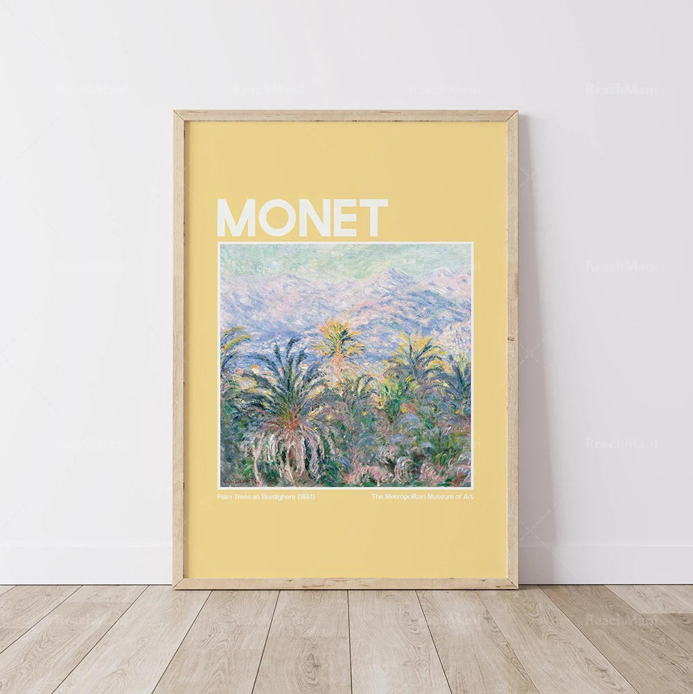 Une peinture impressionniste de palmiers sous un ciel coloré, créée par l'artiste Claude Monet.