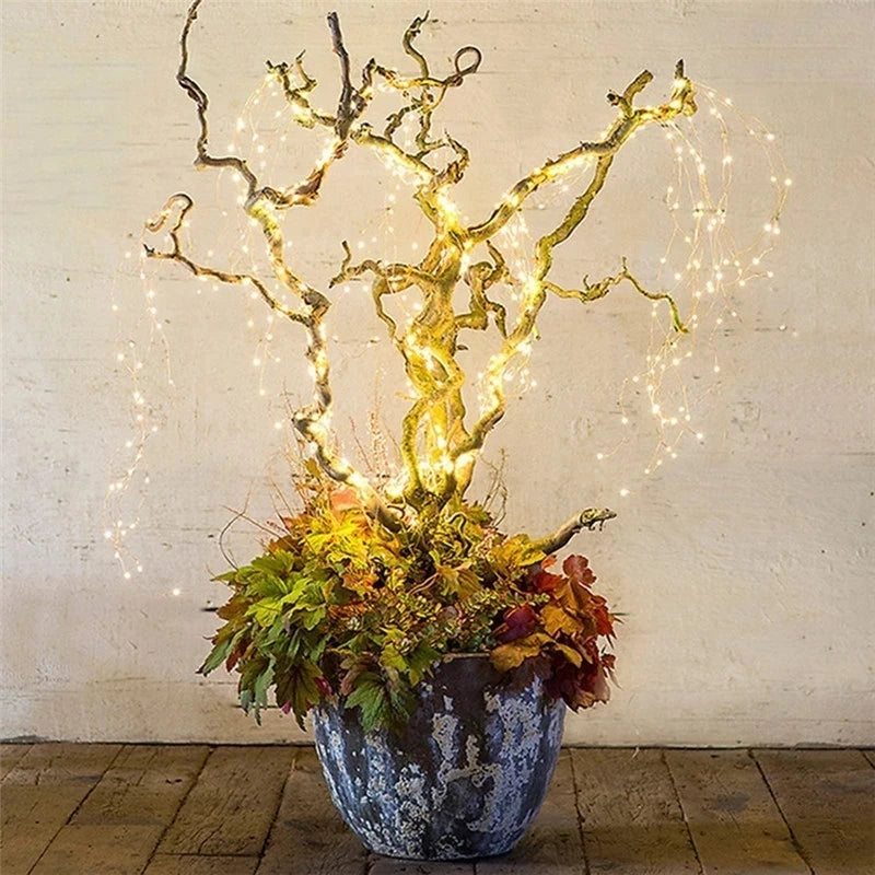guirlande lumineuse solaire led jaune doré branches marron rustique suspension extérieure décoration jardin