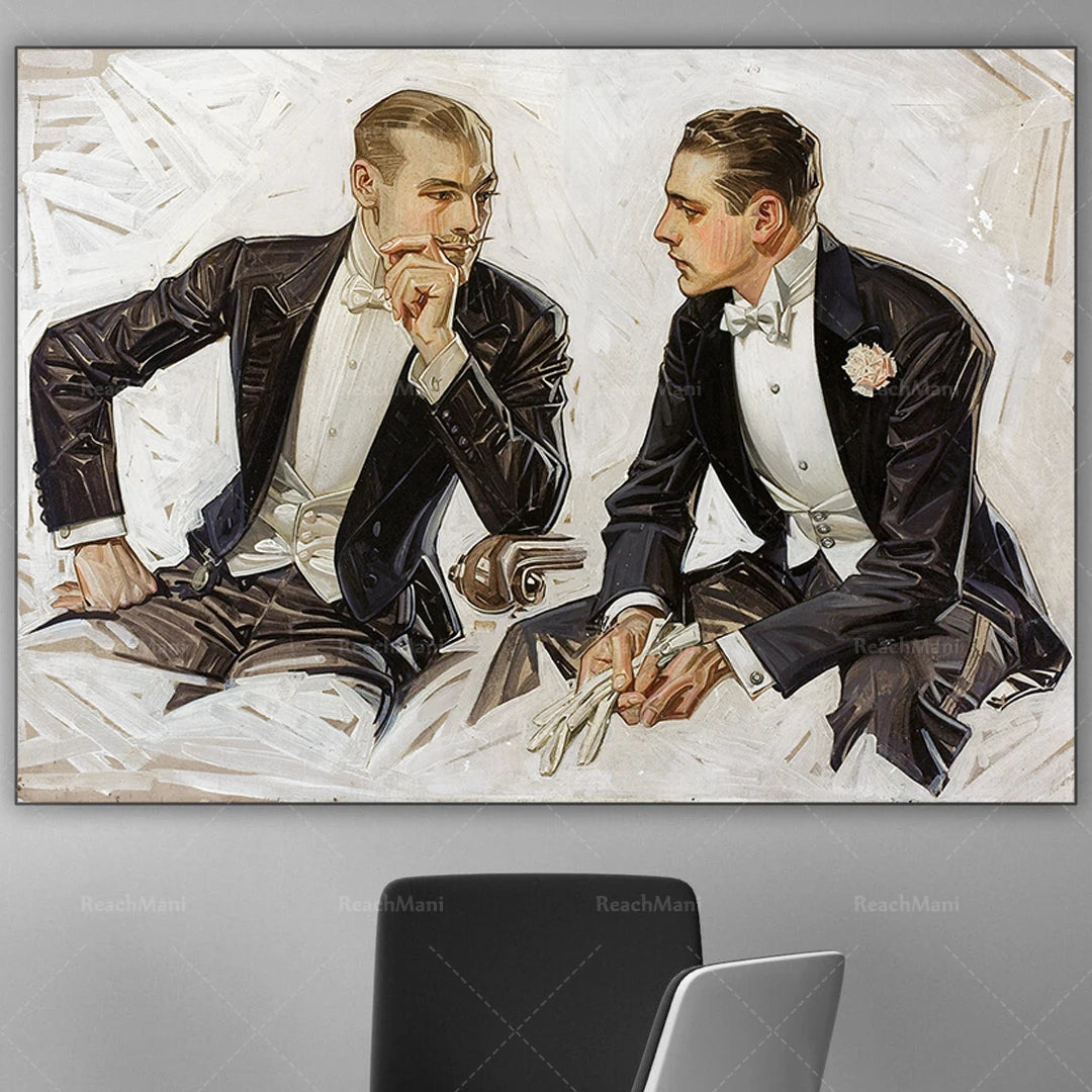 Deux hommes vêtus d'élégants costumes noirs et blancs, discutant avec un air concentré dans une atmosphère sophistiquée.