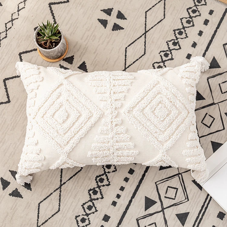 housses coussins coton blanc motif géométrique boho chic tassel opaques 45x45cm 30x50cm