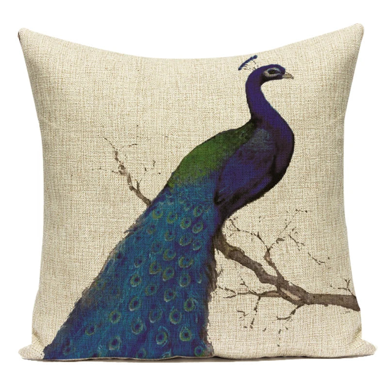 housse coussin carrée décorative motif paon bleu vert violet canapé salon moderne