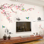 autocollant mural fleurs cerisier oiseaux paysage traditionnel chinois résistant eau dimension 240cm 150cm peinture