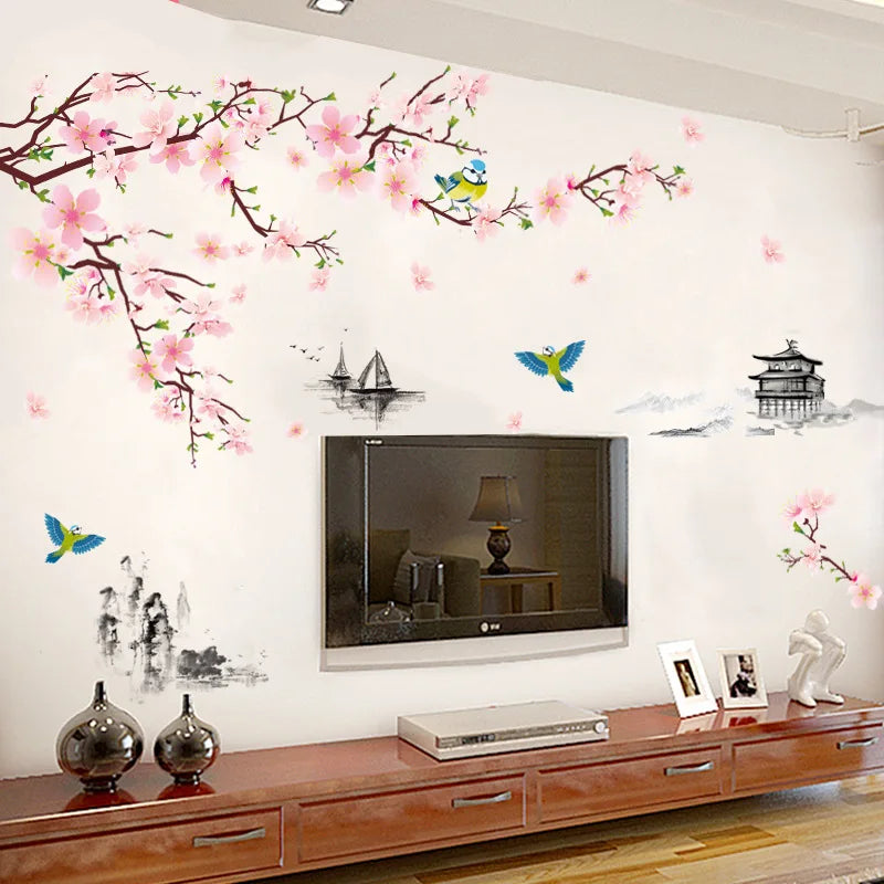 autocollant mural fleurs cerisier oiseaux paysage traditionnel chinois résistant eau dimension 240cm 150cm peinture