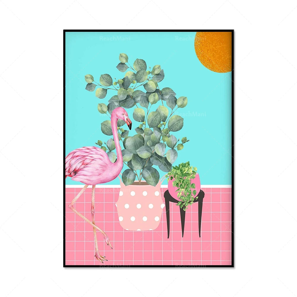 Une magnifique composition murale avec un flamant rose rose vif, des plantes vertes et des éléments géométriques pastel.