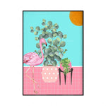 Une magnifique composition murale avec un flamant rose rose vif, des plantes vertes et des éléments géométriques pastel.