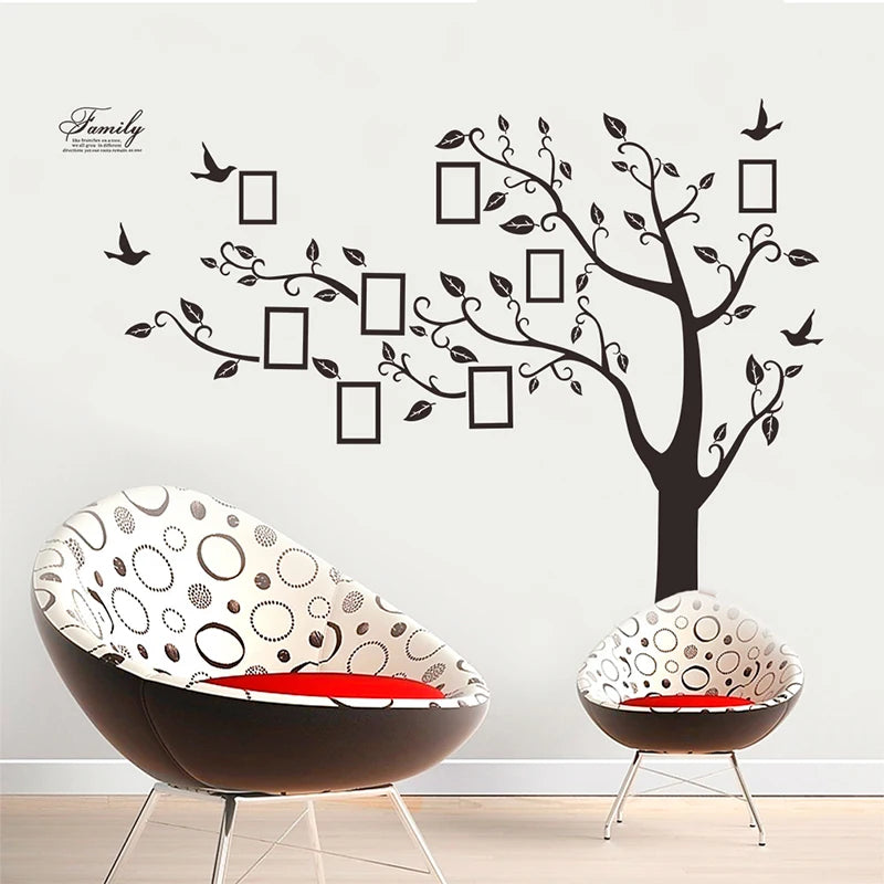 sticker mural moderne arbre branches feuilles oiseaux cadres photo noirs décoration intérieure