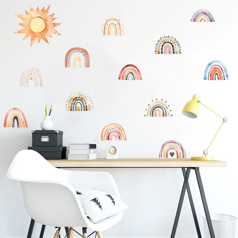 sticker mural arc ciel soleil boho multicolore adhésif chambre enfant décoration maison