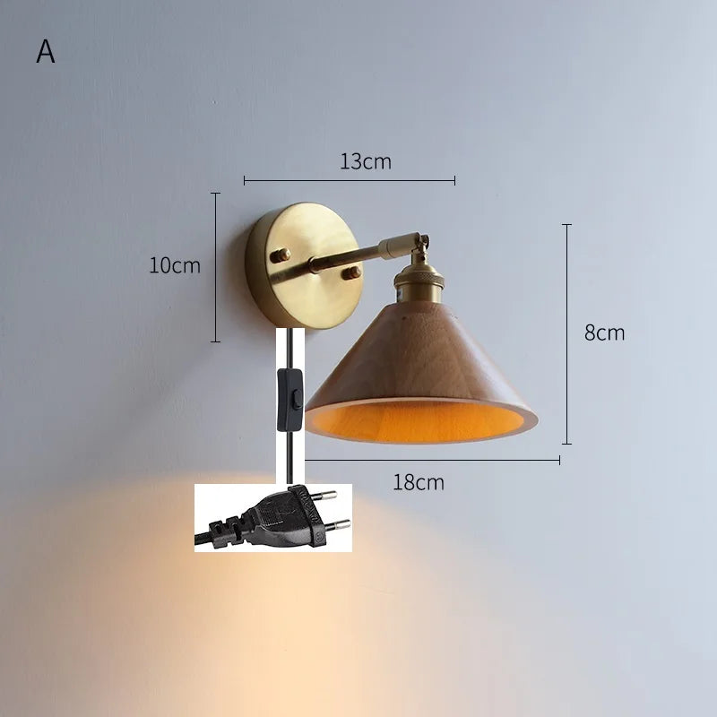 lampe murale industrielle moderne or marron foncé conique réglable bois ampoule led fixée sans