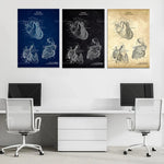Les images montrent des schémas anatomiques détaillés du cœur humain, dans différents styles graphiques. L'image est destinée à être utilisée comme décoration murale dans un bureau ou un espace de travail.