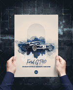 Image d'une affiche représentant une Ford GT40 de 2016, édition limitée pour les 50 ans des 24 Heures du Mans, avec un design rétro et vintage.