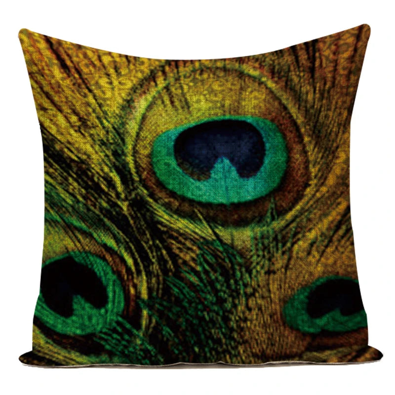 housse coussin carrée décorative motif paon bleu vert violet canapé salon moderne