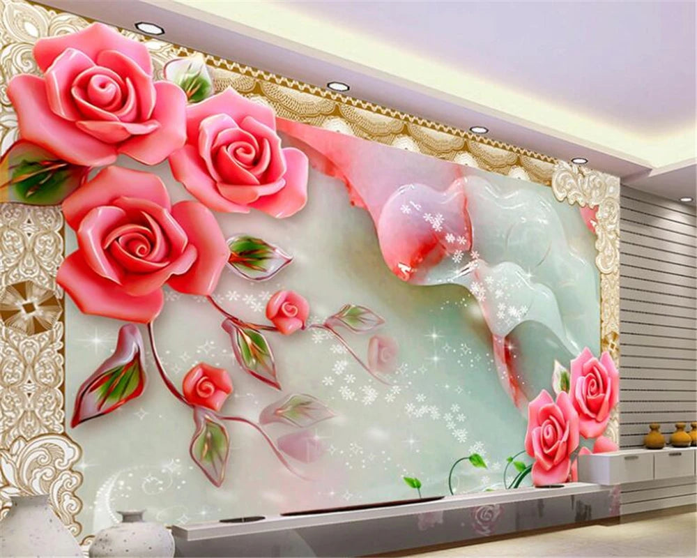 Papier peint 3D gris clair motif roses vigne pour mur TV