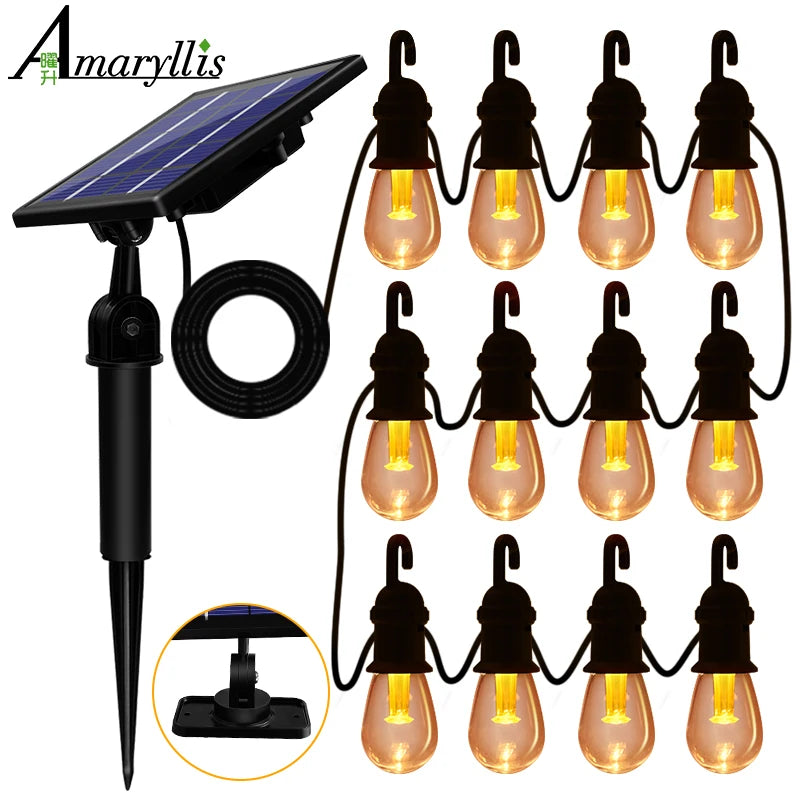 guirlande lumineuse solaire édison 12 ampoules led 300cm câbles noirs panneau inclinable vintage extérieur