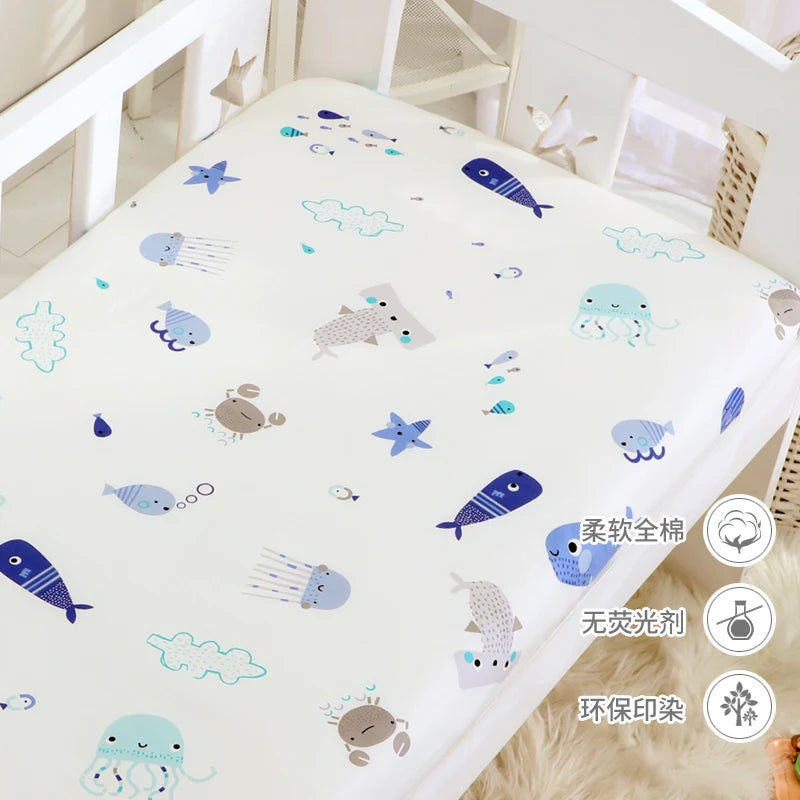 drap housse lit bébé coton motif oiseau étoile enfant chambre moderne blanc jaune gris