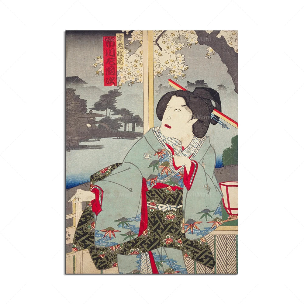 Une femme vêtue d'un kimono orné de motifs floraux et géométriques est assise devant un paysage japonais avec des fleurs de cerisier.