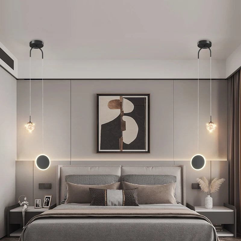 suspension lumineuse led moderne minimaliste noir blanc fixée câble haute qualité verre transparent chambre