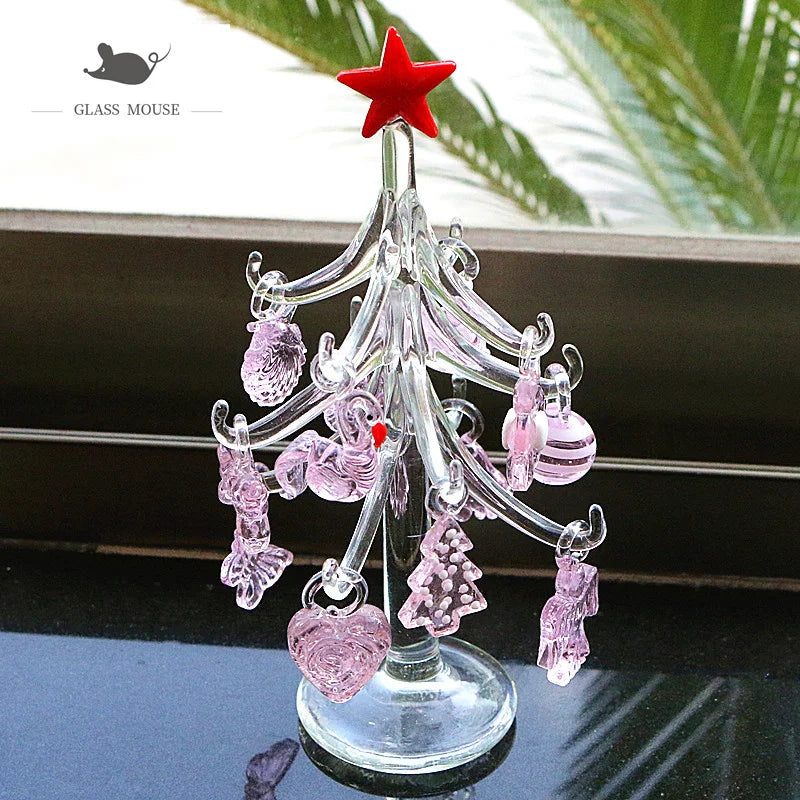 Figurine d'arbre de Noël en verre rose clair fait à la main