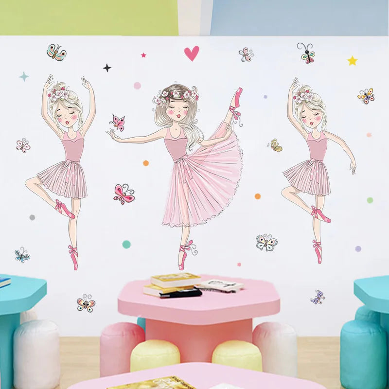 Stickers muraux danseuses tutu papillons coeurs couleurs vives illustration cartoon adhésif chambre enfant decoration