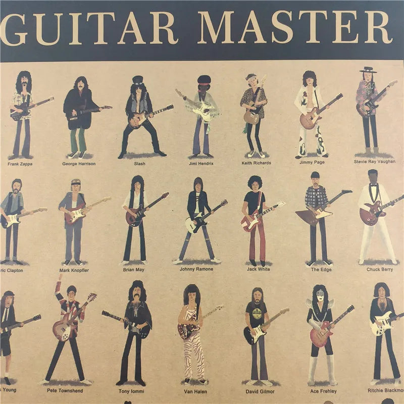 affiche illustrative rétro musicien guitare classique beige noir mur decoration autocollant papier kraft portrait