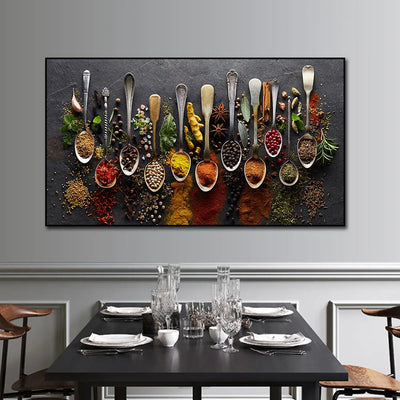 Tableau déco cuisine moderne sur toile avec épices et grains