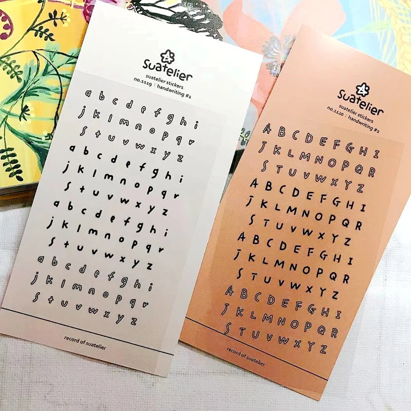 stickers alphabet manuscrit vintage calligraphique orange beige blanc noir semi transparents adhésifs journal scrapbooking