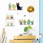 sticker mural décoration enfantine plantes pots chat papillons botanique mignon vert jaune