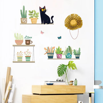sticker mural décoration enfantine plantes pots chat papillons botanique mignon vert jaune