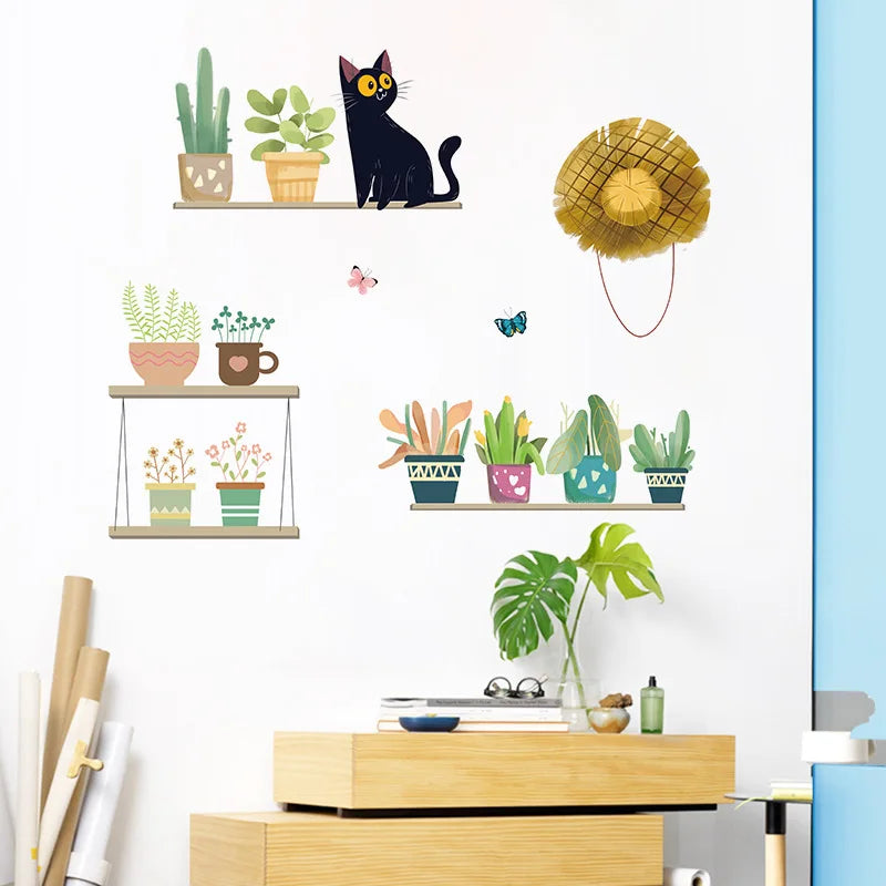sticker mural décoration enfantine plantes pots chat papillons botanique mignon vert jaune
