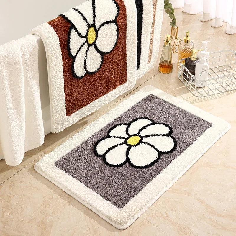 tapis bain doux fleur sunflower gris blanc moderne antidérapant respectueux environnement machine laver