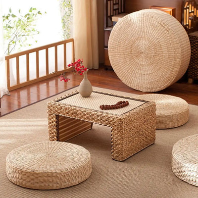 Coussin de sol en paille naturelle rouge, design rustique pour méditation
