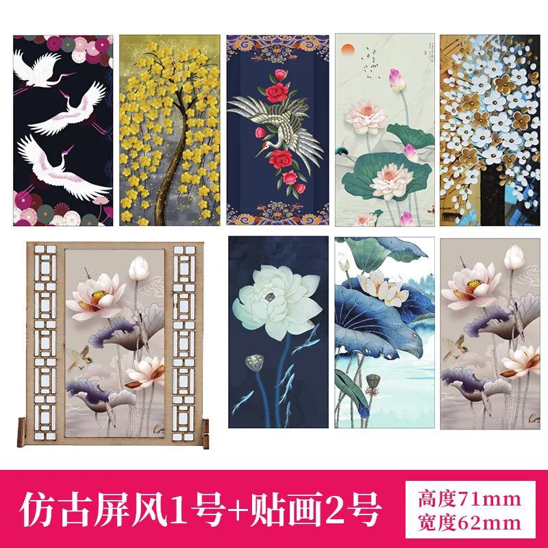écran vintage bois chinois fleurs calligraphie stickers traditionnel intérieur décoration artisanale miniature