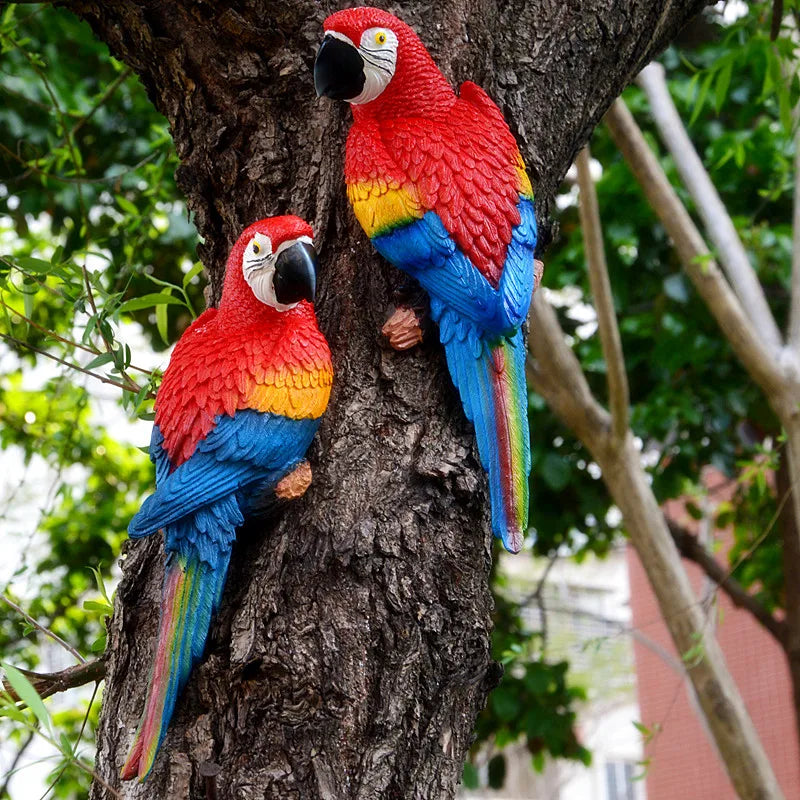perroquet résine décoration jardin animal compagnie plumes colorées réaliste ornement extérieur rouge bleu vert