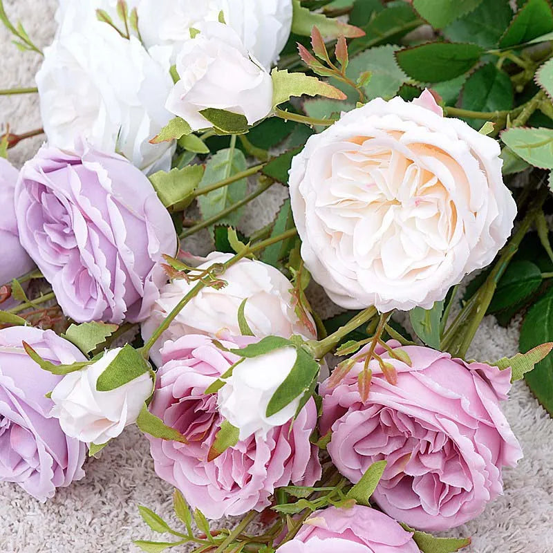 bouquet roses artificielles soie blanc rose clair decoration maison mariage anniversaire intérieur