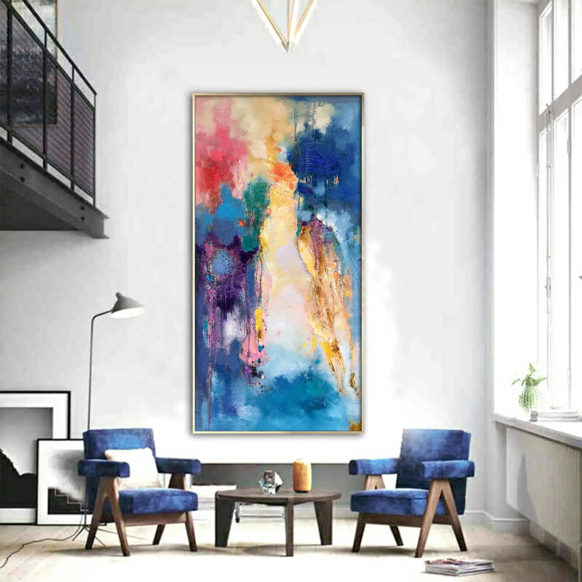 tableau abstrait moderne peintures murales peintes main couleurs vives toile dorée bleu rose vert