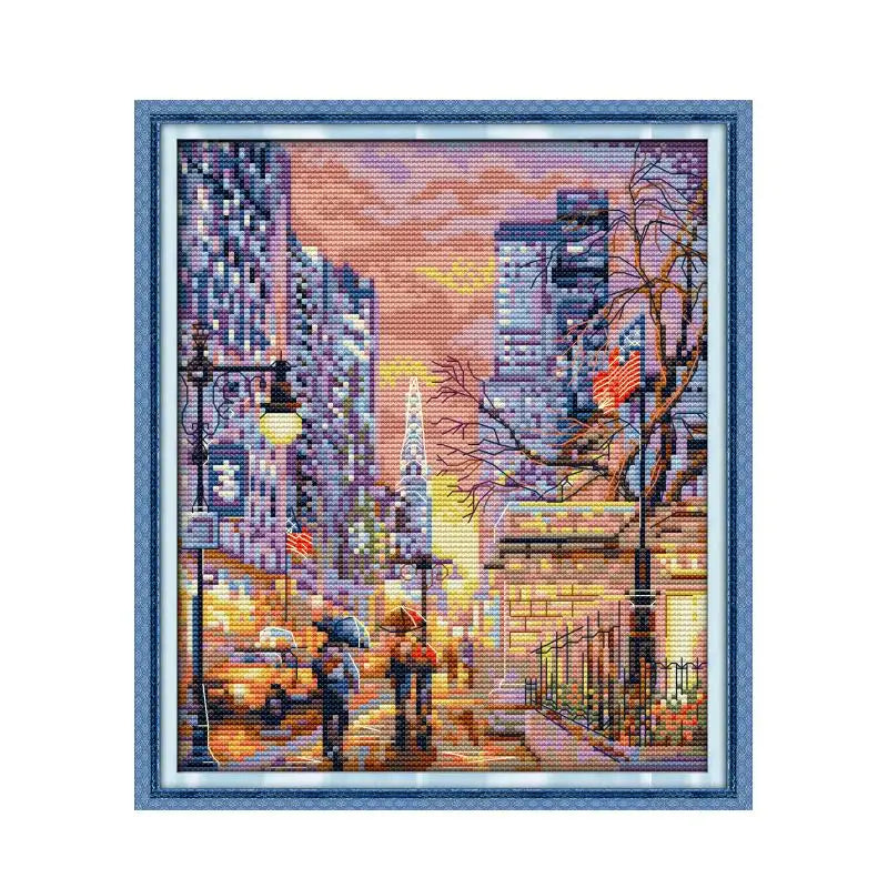 kit broderie points croix york urbain personnes lanternes arbres bâtiments drapeaux voitures ombrelles instructions