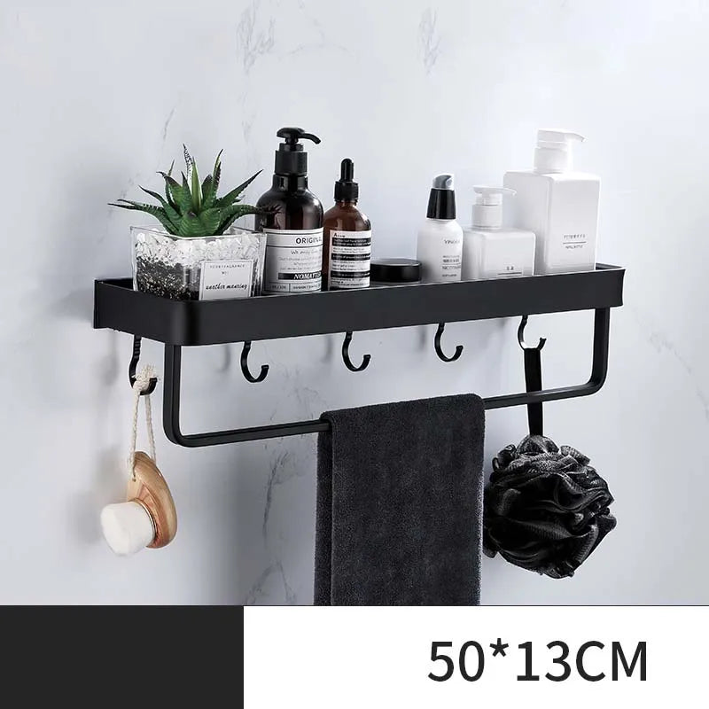 étagère salle bain double niveau murale alliage aluminium noir lisse moderne serviettes pots crèmes