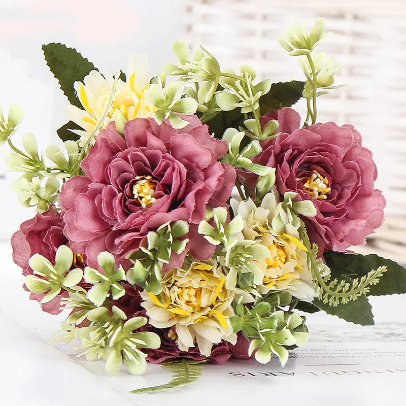 bouquet fleurs artificielles pivoine soie bleu rose rouge mariage décoration intérieur extérieur festivité chambre