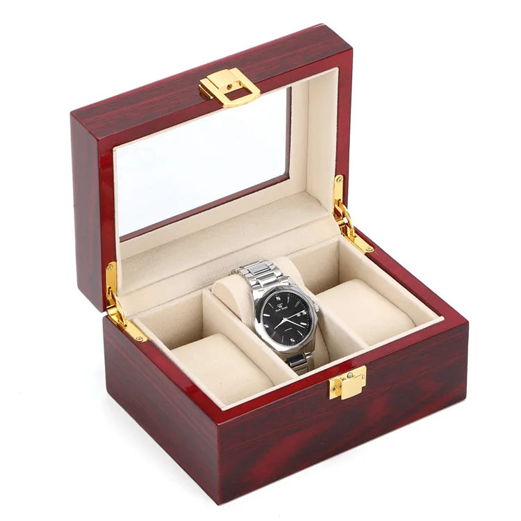 boîte montres rouge foncé bois velours classique cadenas doré places montres