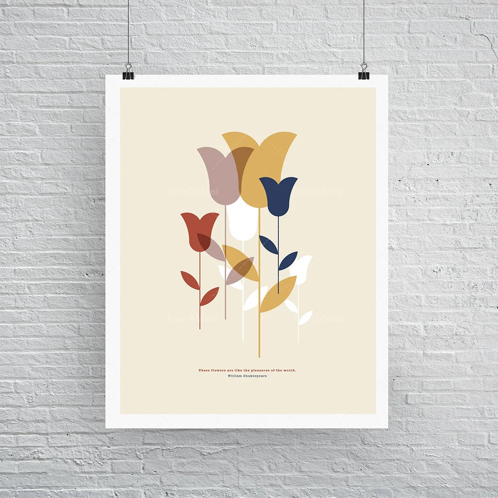 Cette image représente un bouquet de fleurs colorées, telles que des tulipes ou des renoncules, sur un fond blanc. L'image s'accompagne d'une citation de William Shakespeare sur les fleurs comme source de plaisir dans le monde.