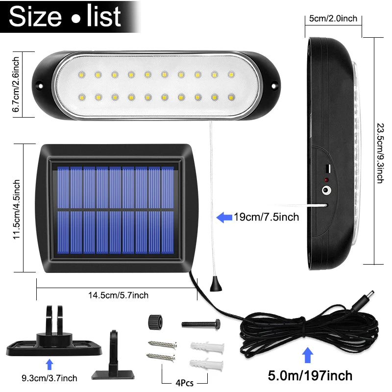 lampe solaire 20 led panneau séparable moderne interrupteur traction étanche 5m câble vis noires