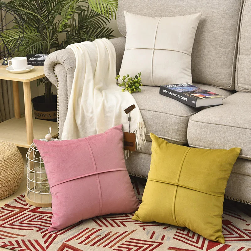 coussin carré velours moderne quadrillé orange rose vert gris blanc decoration intérieure couches salon