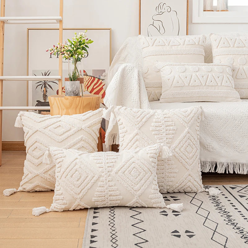 housses coussins coton blanc motif géométrique boho chic tassel opaques 45x45cm 30x50cm