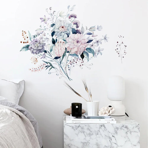 sticker mural aquarelle fleurs plantes moderne salon chambre décoration intérieure opaque