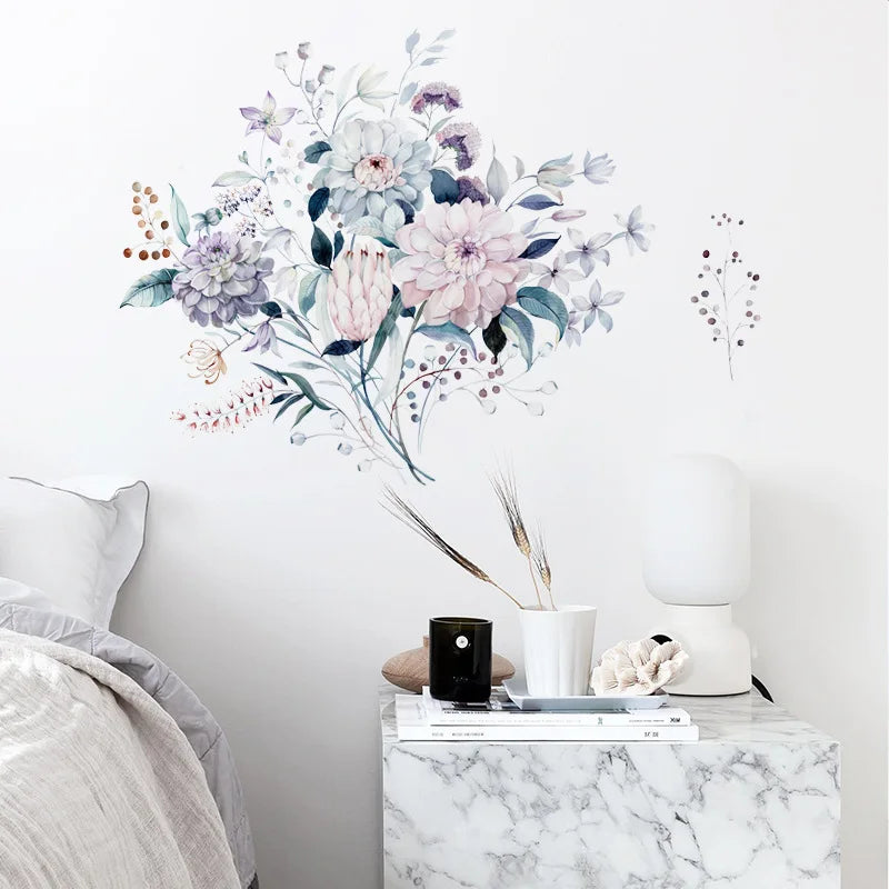 sticker mural aquarelle fleurs plantes moderne salon chambre décoration intérieure opaque