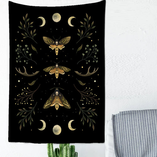 tapisserie murale grande décoration mystique lune phases feuilles d'olivier bohème noir doré blanc
