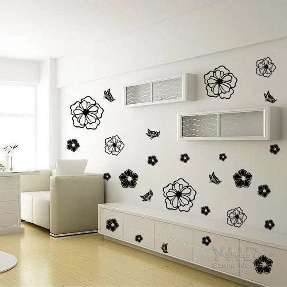 autocollants decoratifs fleurs papillons noir blanc minimaliste adhésif mur 30x30cm 60x40cm 70x25cm decoration maison