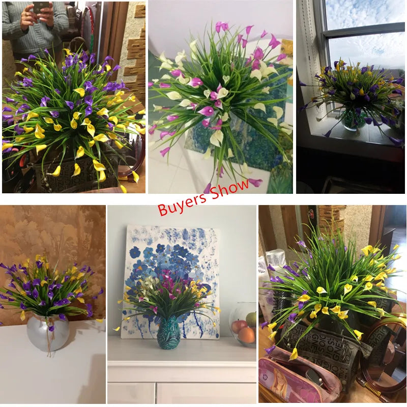 bouquet artificiel fleurs simples feuilles vertes blanc vert jaune violet rose intérieur décoration maison