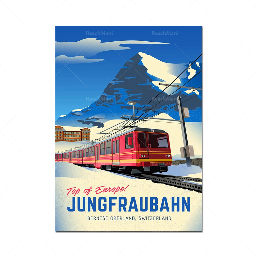 Une image vintage de promotion pour le Jungfraubahn, un train à crémaillère suisse traversant un magnifique paysage enneigé des Alpes suisses.
