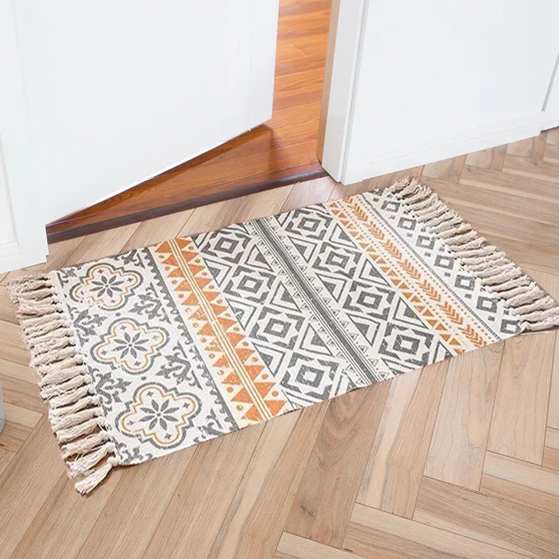 tapis géométrique boho beige noir triangles losanges antidérapant lavage machine main chambre salon prière