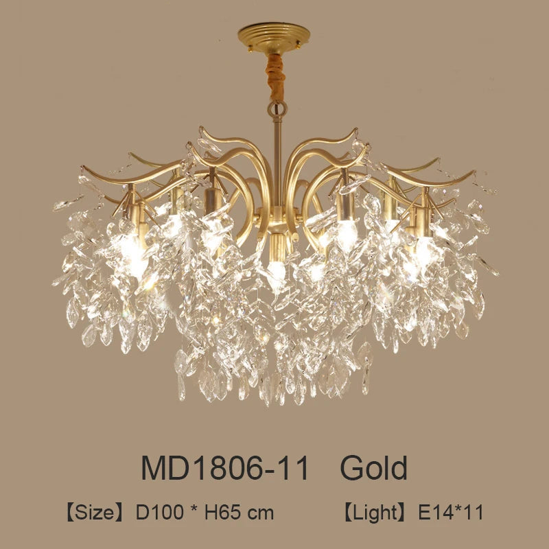 lustre moderne cristal K9 doré noir ampoules LED branches stylisées transparentes salon mariage